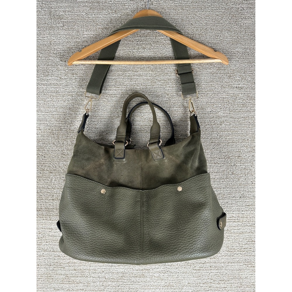 Moda Luxe Olive Green Satchel Crossbody Bag Pebbled Vegan Leather Suede Trim